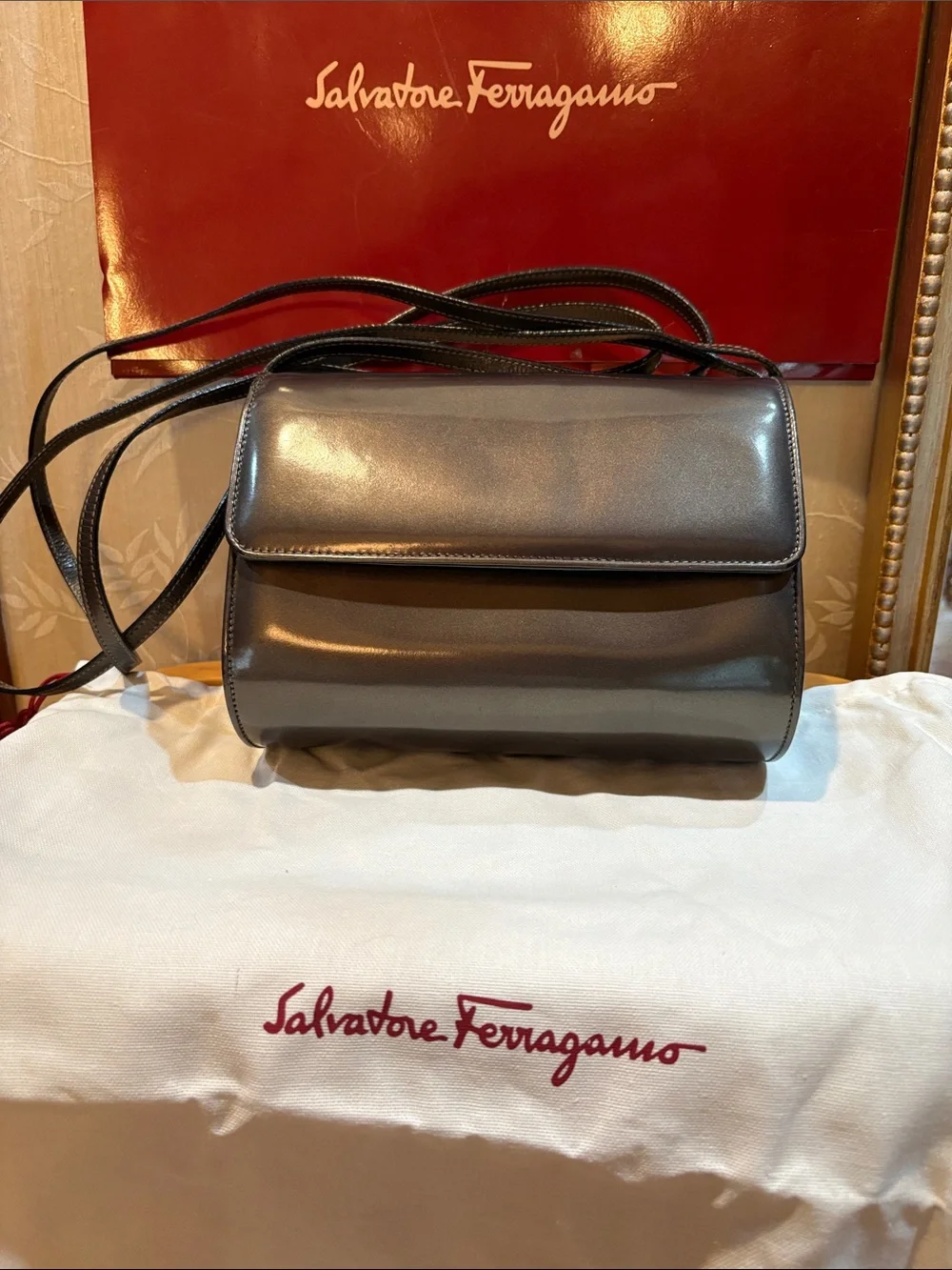 Ferragamo Vintage Metallic Silver Leather Crossbody Bag